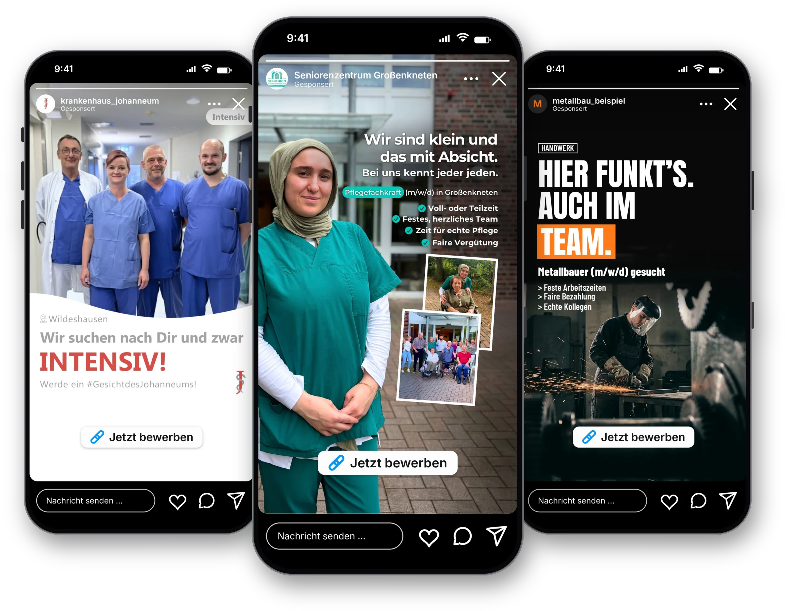 Drei Smartphones mit Social-Recruiting-Anzeigen als Instagram Story